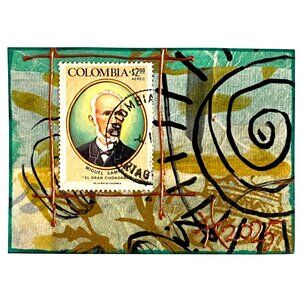 ACEO Original Art Acrylic Collage 1976 Colombia Miguel Samper Postage Stamp ATC